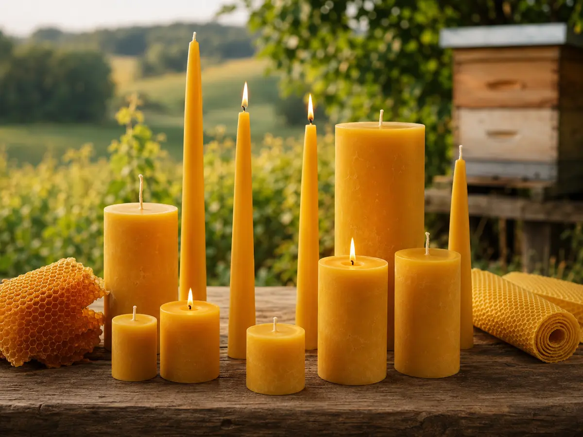 Handgegossene Bienenwachskerzen in warmer Atmosphäre