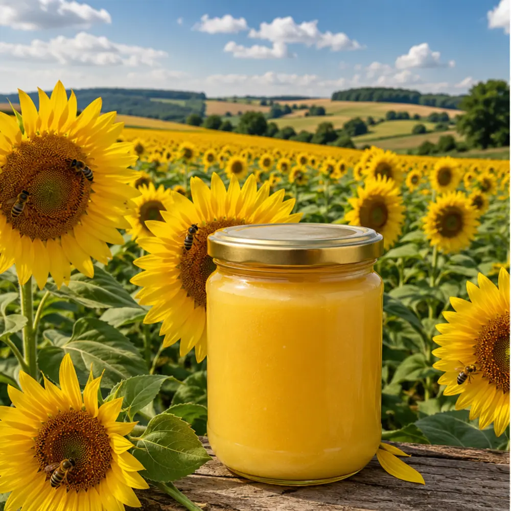Sonnenblumenhonig im Sonnenblumenfeld