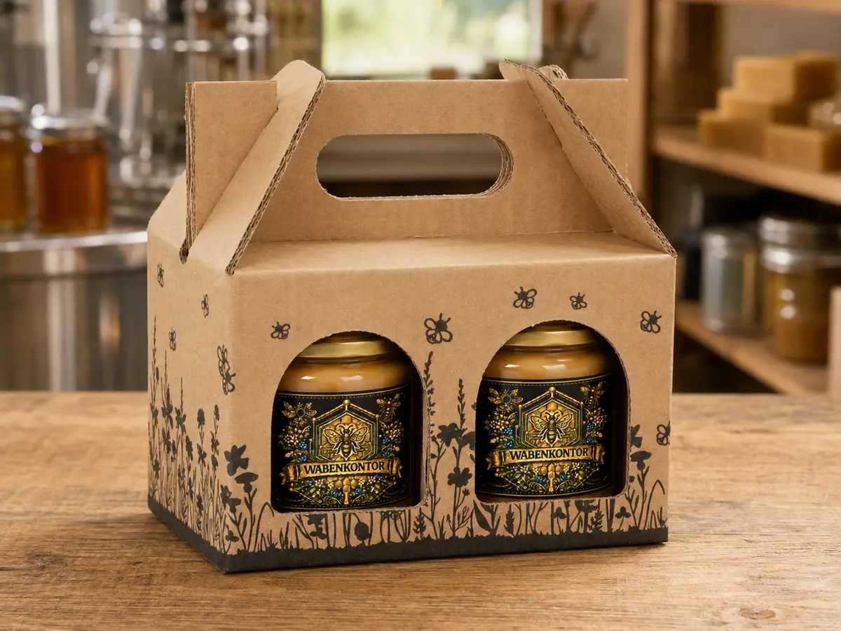 Geschenkbox mit zwei 250-g-Honiggläsern aus dem Wabenkontor-Shop