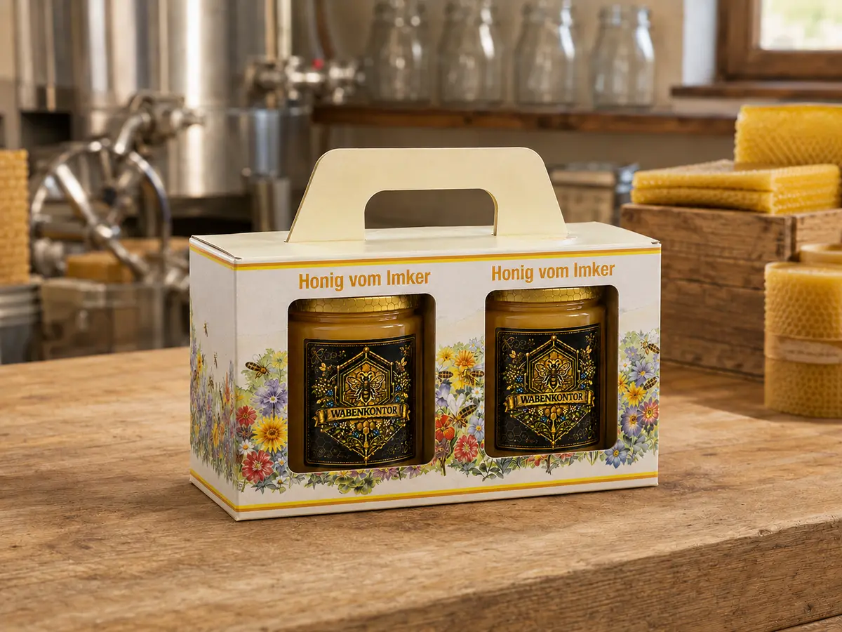 Geschenkbox mit zwei 500-g-Honiggläsern aus dem Wabenkontor-Shop