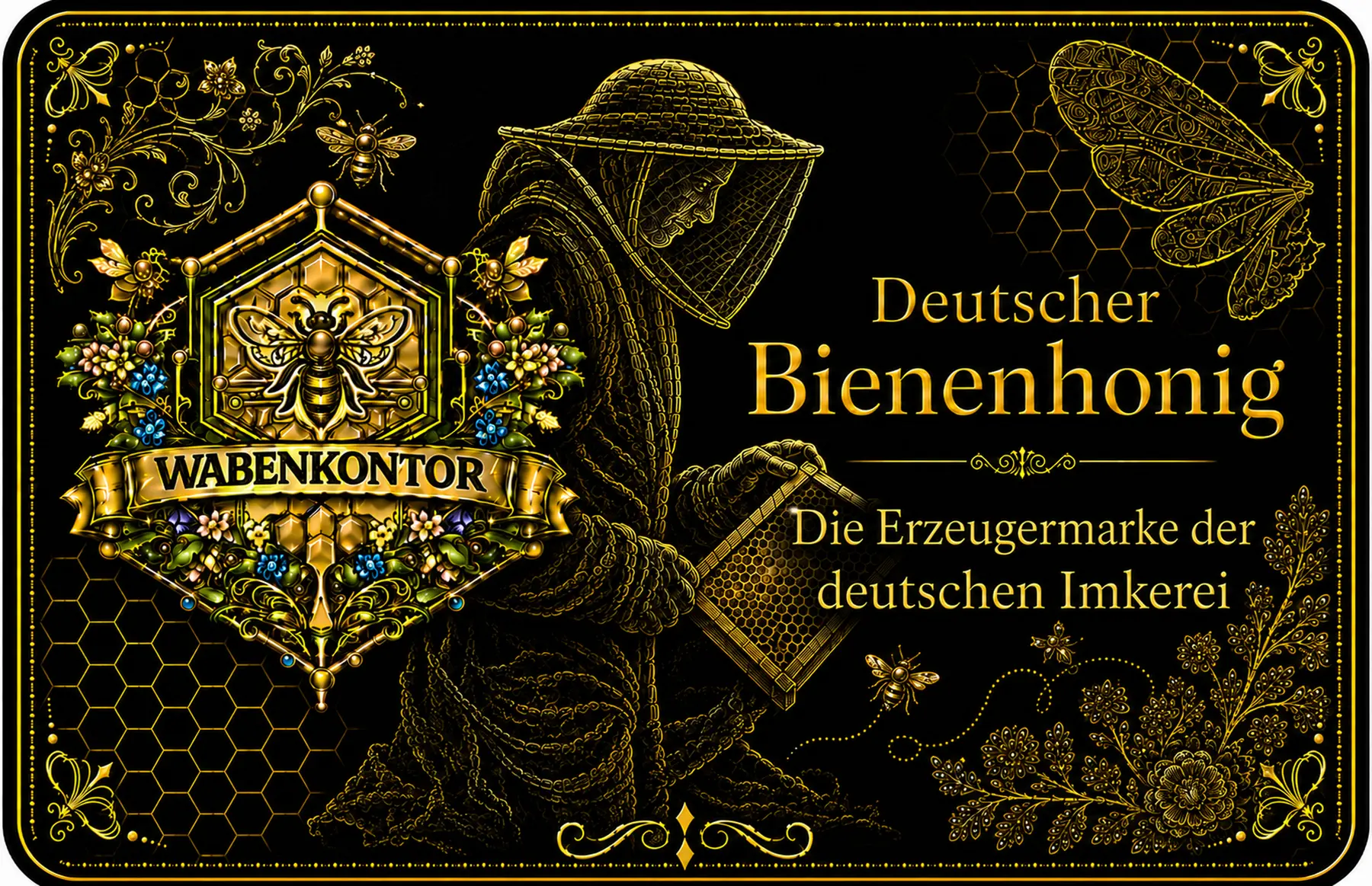 Historisches Wabenkontor-Motiv mit Wappen, Biene und Imker